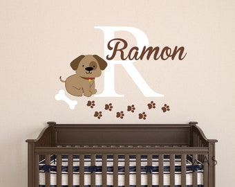 Personalized Kids Name With Cute Dog Wall, Custom Name With Puppy Wall Stickers Decoration- Dog Bone Footprint Vinyl Stickers Nursery Decals