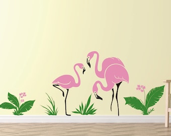 Flamingo Wall Sticker, Flamingo With Leaves Wall Decal,Girls Room Wall Decal, Home Wall Decor, Bed Room Wall Decal