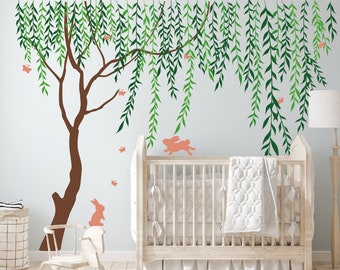 Willow Tree Wall Decal, Nursery wall decals Leave Sticker kids room wall sticker wall decor, Willow Tree With Vines Rabbits Wall Stickers