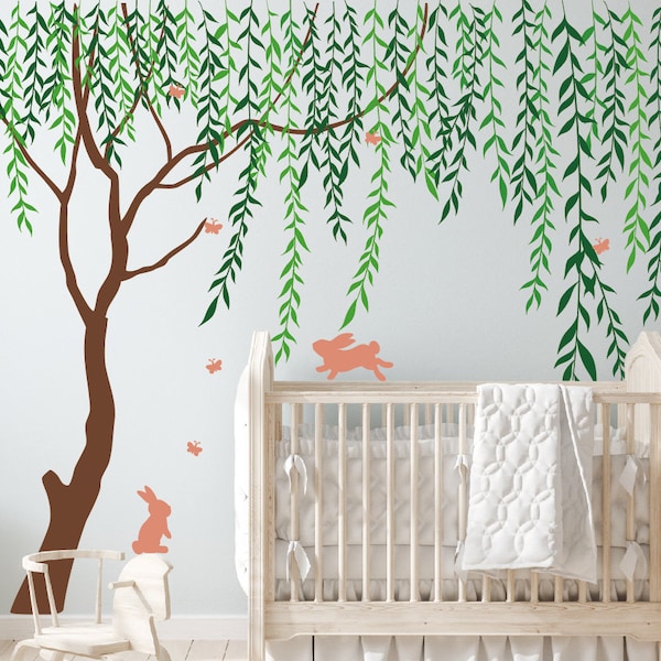 Willow Tree Wall Decal, Nursery wall decals Leave Sticker kids room wall sticker wall decor, Willow Tree With Vines Rabbits Wall Stickers