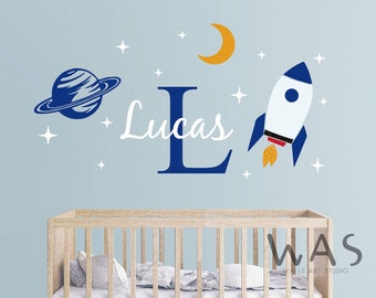 Custom Name With Initial Stars Space Rocket Wall Stickers - Planet Moon Stars Nursery Wall Decals-Wall Decal Sticker For Children's Bedroom