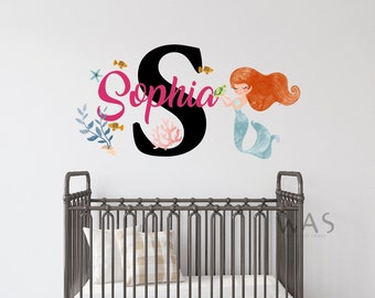 Little Mermaid Wall Decal for Girls Bedroom,Personalized Baby Girl Name With Fishes, Sea Grass, Coral And Mermaid Wall Sticker Girl Nursery