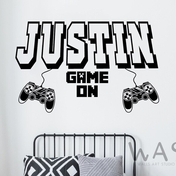 Personalized Boy Name Gamer Wall Vinyl Decal,3D Controller Video Game Sticker, Kids Computer Games Room Decor