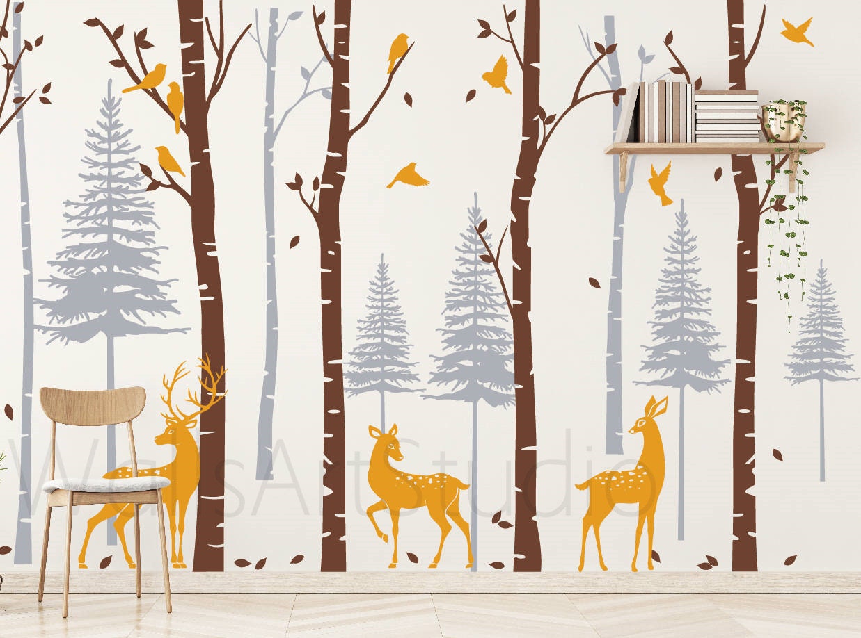 Birch Trees Wall Decal, Nursery Deers Forest Removable Pine Trees Vinyl ...