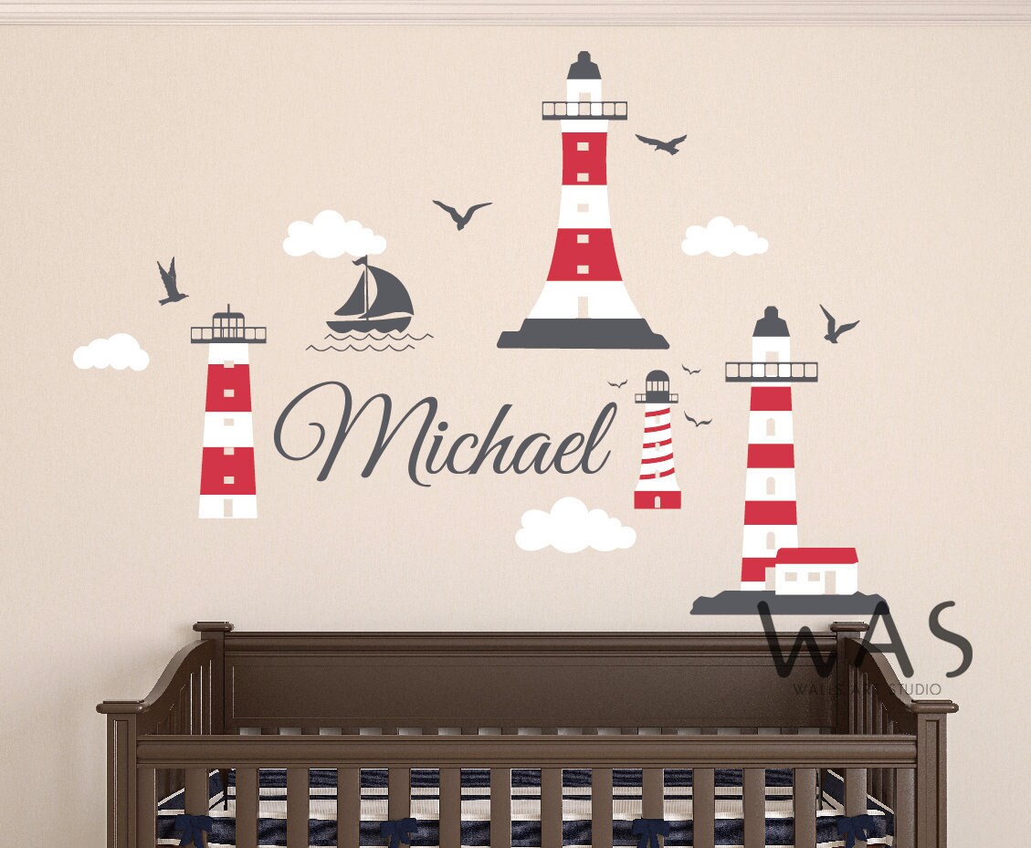 Nautical Themed Wall Stickerscustom Name With Lighthouse Wall Etsy