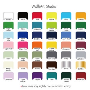 May include: A color chart with 36 different color swatches. The colors include white, black, red, yellow, blue, orange, light green, mint, turquoise, lemon green, dark green, green, light blue, royal blue, ink blue, black blue, azure blue, navy blue, light pink, bright pink, orange red, golden yellow, cinnamon, wine red, olive green, sage green, olive green, dark grey, grey, light grey, milky white, nude, brown, chocolate, silver, golden, lavender, light purple, purple, teal, forest green, and dark red. The chart is labeled "WallsArt Studio" at the top.