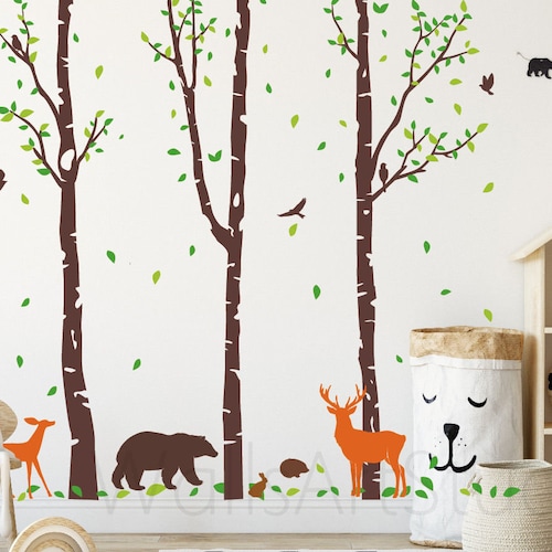 Birch Tree Deer Wall Decal Nursery Forest Removable Birch Etsy