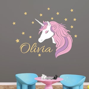 Personliga namn enhörningsklistermärken, väggdekor till flickrum, väggdekor till magiska enhörningsstjärnor, dekor till barnrum