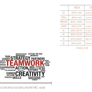 May include: A word cloud graphic with the word "Teamwork" in red, surrounded by words related to teamwork, strategy, and success. A chart below shows the different sizes of the graphic in inches and centimeters.