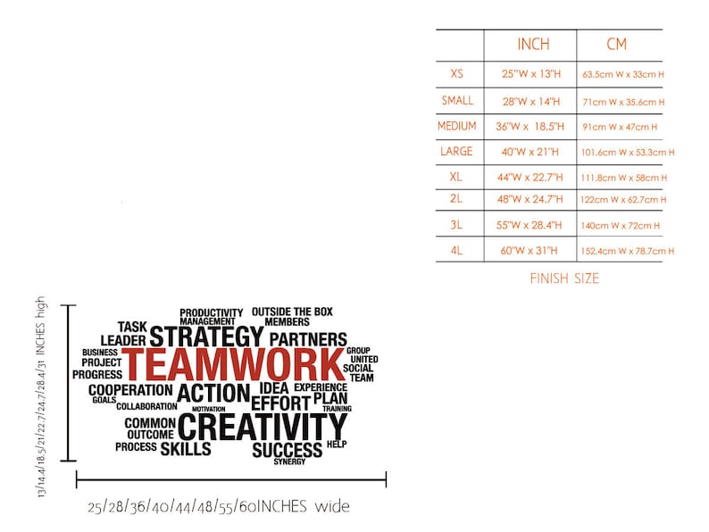 May include: A word cloud graphic with the word "Teamwork" in red, surrounded by words related to teamwork, strategy, and success. A chart below shows the different sizes of the graphic in inches and centimeters.