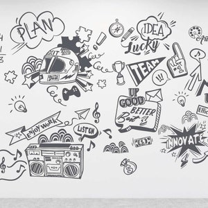 Op de afbeelding: Een witte muur met zwarte handgetekende krabbels en tekst. De krabbels omvatten een ​​racehelm, een ​​boombox, een ​​lamp, een ​​trofee, een ​​kompas, een ​​potlood, een ​​muzieknoten, een ​​spraakballon met het woord "PLAN", een ​​spraakballon met het woord "IDEA", een ​​spraakballon met het woord "TEAM", een ​​spraakballon met de woorden "UP GOOD BETTER BEST", een ​​spraakballon met het woord "INNOVATE" en een ​​spraakballon met de woorden "ENJOY WORK". De tekst op de muur bevat de nummers "44 - 21 23", het woord "Lucky", het woord "Art", het woord "Efficiency" en het woord "Listen".