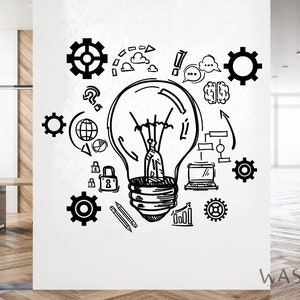 Lightbulb Inspire Words Business Office Art Decor Stickers Mural Large Decor, Black Office Bulb Wall Decals, Office Vinyl Wall Decal