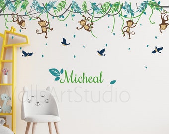 Jungle Monkeys Tree Wall Decal , Vines With Monkeys Wall Decal, Girls Boys Room Wall Decal, Nursery Tree Wall Decal For Bedroom Wall Decor