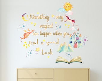 May include: A gold decal with a quote about reading: "Something very magical can happen when you read a good book." The decal features a dragon, a unicorn, a castle, a sun, a moon, and stars.