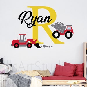 Trucks Decal,Construction Trucks Decals ,Excavator Mixer Sticker ,Boys Room Wall Decor ,Personalized Name  With Trucks Wall Stickers