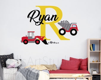 Trucks Decal,Construction Trucks Decals ,Excavator Mixer Sticker ,Boys Room Wall Decor ,Personalized Name  With Trucks Wall Stickers