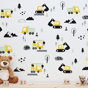 Construction Wall Sticker,Transportation Truck Digger  Sticker,Truck Kids Wall Stickers, Peel and Stick Vinyl Sticker, Nursery Sticker