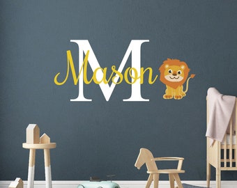Personalized Lion Name Wall Decal - Baby Boy Room Decor, Baby Lion Wall Decals, Custom Name with Baby Lion & Monogram Nursery Wall Sticker