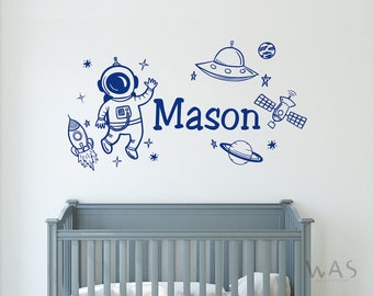 Custom Name With Astronaut Vinyl Wall Stickers for Kids Room Boys Room Nursery Decoration Personalized Names With Space Planet Rocket Decals