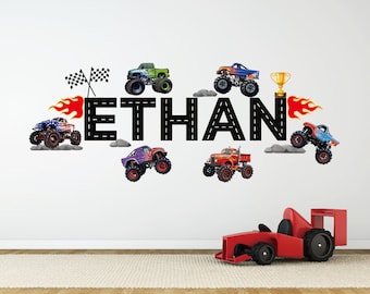 Personalized Boy Name With Monster Trucks Wall Decals, Custom Name With Monster Cars Trucks Trophy Fire Wall Stickers For Boys Bedroom