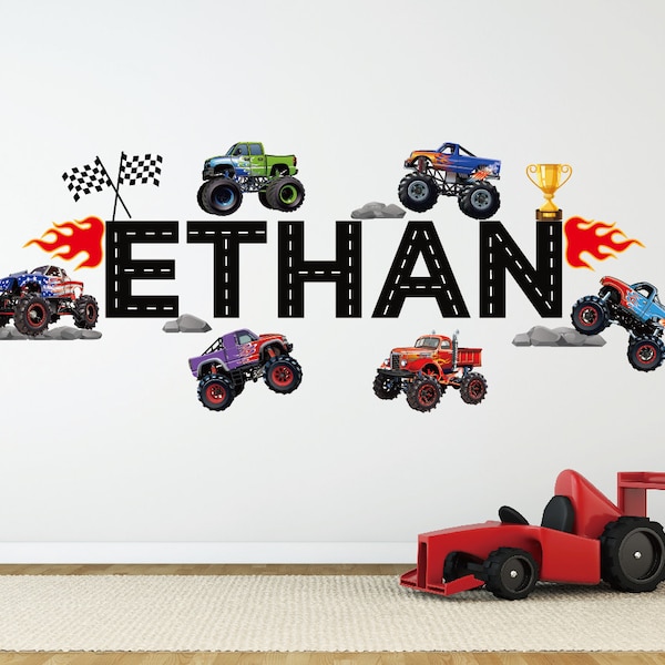 Prénom personnalisé avec des stickers muraux Monster Trucks, Prénom personnalisé avec des stickers muraux en feu Monster Cars Trucks Trophy pour chambre de garçon