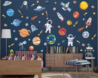 Outer Space Rocket Planets Astronaut Wall Stickers, Solar System Wall Stickers for Kids,Baby Nursery Boys Bedroom Playroom School Wall Decor