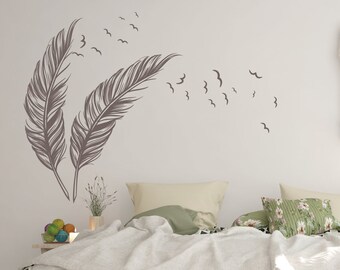 Stickers Muraux Grand Format Bambou & Oiseaux – Autocollants Verts Nature Décoration Chambre, Salon, Bureau, 110×170 Cm