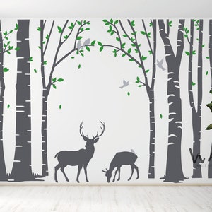 Birch Tree Deer Wall Decal Nursery Forest Removable Birch Trees Vinyl Sticker for Kids Bedroom Decor Tree Wall Decal For Bedroom,Living Room