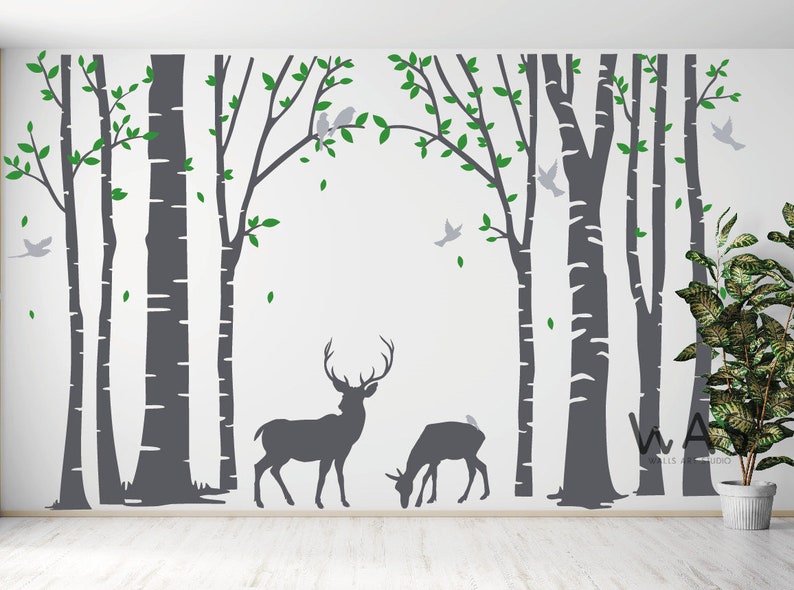 Birch Tree Deer Wall Decal Nursery Forest Removable Birch Trees Vinyl ...