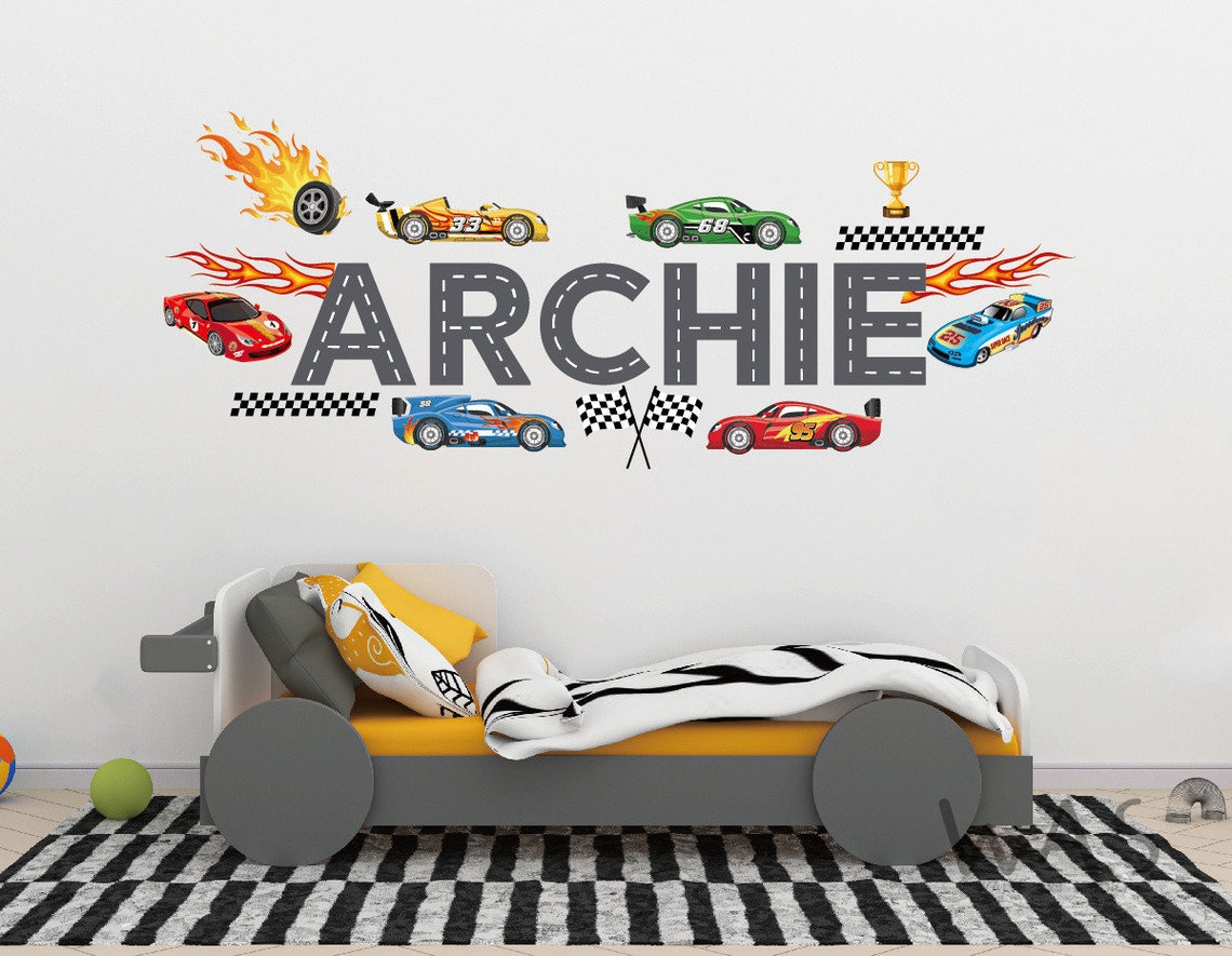 Race Cars Wall Decal for Boys Room - Custom Name Car Bedroom Decor ...