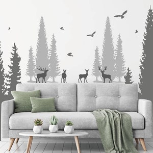 Pine Tree With Deers Wall Decal Forest Tree Wall Decal , Large Trees Wall Decal With Animals Wall Stickers, Nursery Tree Wall Decals