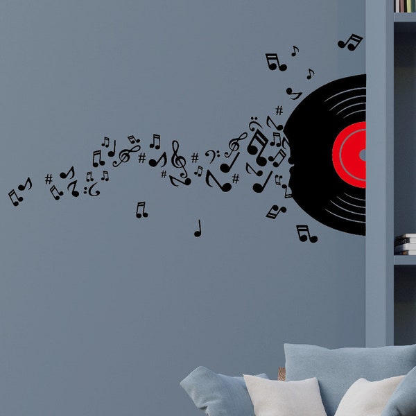 Notación Musical con calcomanías de pared de disco, pegatina de vinilo para pared con marca Musical, arte de pared para DJ, arte de pared musical, calcomanía de pared para disfrutar de la música