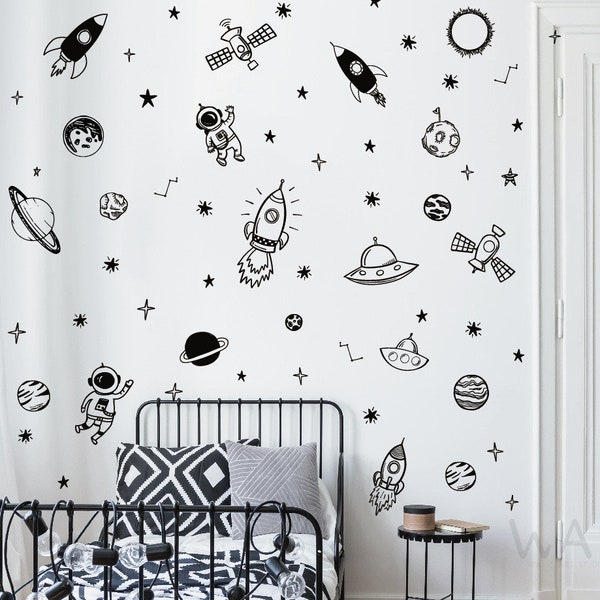 Décoration murale pour chambre de garçon, art de l'espace, étoiles, fusées, planètes, autocollants, sticker mural amovible pour chambre d'enfants