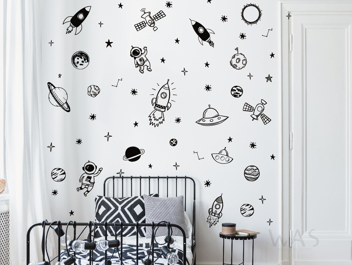 Wall Decor for Boys Room Art Outer Space Star Rockets Planets Stickers Removable Space Wall Decal for Children Bedroom Decoration
