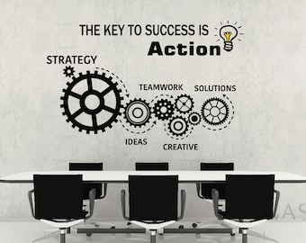Teamwork Gears Vinyl Wall Decal Office Space Decor Interior Stickers Mural, The Key To Success Is Action Wall Quotes Decals, Office Wall Art