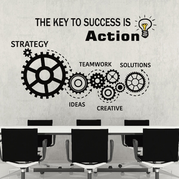 Teamwork Gears Vinyl Wall Decal Office Space Decor Interior Stickers Mural, The Key To Success Is Action Wall Quotes Decals, Office Wall Art
