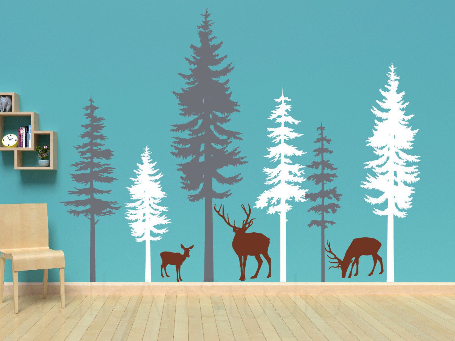 Pine Trees With Deers Wall Decals Forest Wall Decalswild Etsy