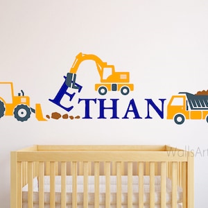 Trucks Decal, Construction Trucks Decals ,Excavator Mixer Sticker , Boys Room Wall Decor , Personalized Name  With Trucks Wall Stickers