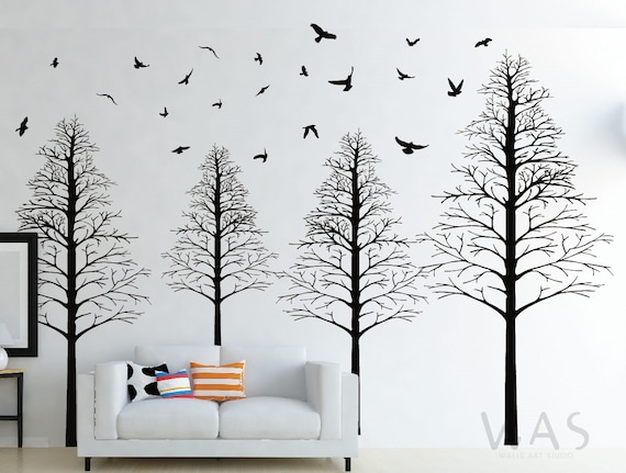 Trees Forest With Birds Decals Winter Black Tree Wall Decals | Etsy