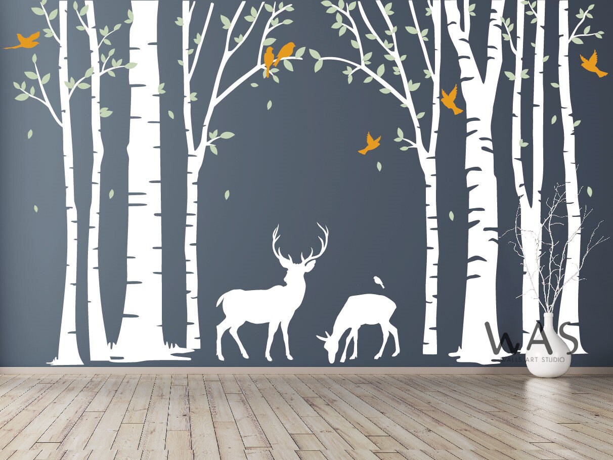 Birch Tree Deer Wall Decal Nursery Forest Removable Birch Etsy