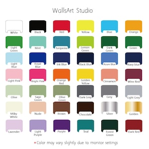May include: A color chart with 36 different color swatches. The colors include white, black, red, yellow, blue, orange, light green, mint, turquoise, lemon green, dark green, green, light blue, royal blue, ink blue, black blue, azure blue, navy blue, light pink, bright pink, orange red, golden yellow, cinnamon, wine red, olive green, sage green, olive green, dark grey, grey, light grey, milky white, nude, brown, chocolate, silver, golden, lavender, light purple, purple, teal, forest green, and dark red. The chart is labeled "WallsArt Studio" at the top.
