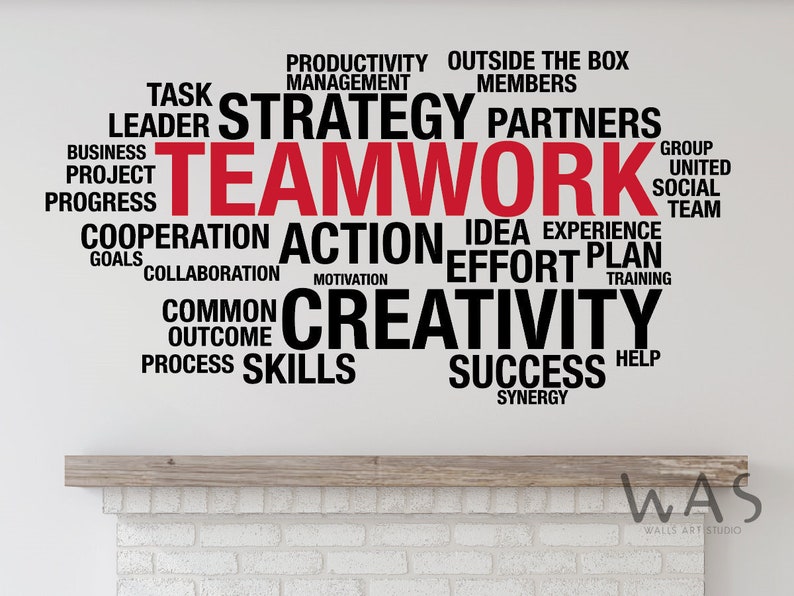 May include: Black and red word cloud wall decal with the word "Teamwork" in red. The decal features words related to teamwork, collaboration, and success, such as "strategy", "action", "creativity", "success", and "synergy".