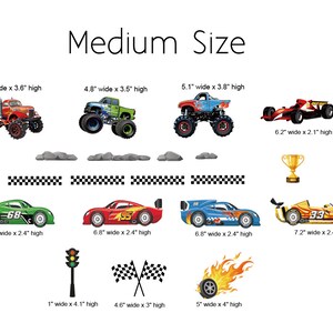 May include: A set of 10 medium-sized car-themed party decorations. The decorations include a red monster truck, a green monster truck, a blue monster truck, a red race car, a green race car, a blue race car, a yellow race car, a red and yellow trophy, a checkered flag, and a traffic light. The decorations are all printed on white paper and have a glossy finish.