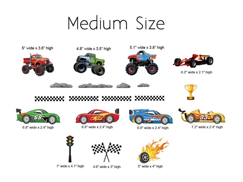 May include: A set of 10 medium-sized car-themed party decorations. The decorations include a red monster truck, a green monster truck, a blue monster truck, a red race car, a green race car, a blue race car, a yellow race car, a red and yellow trophy, a checkered flag, and a traffic light. The decorations are all printed on white paper and have a glossy finish.