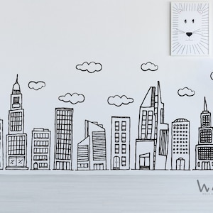 Doodled City Skyline Hand drawing Wall Decal for Kids Room Playroom Preschool School Library Decor - Handpainted Buildings Wall Decal