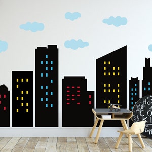 Kleurrijke stad skyline muurstickers held stad gebouw sterren muurstickers slaapkamer speelkamer peuter kamer muurdecoratie