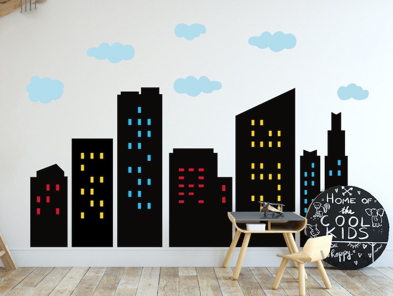 Colorful City Skyline Wall Decals Hero City Building Stars Wall ...