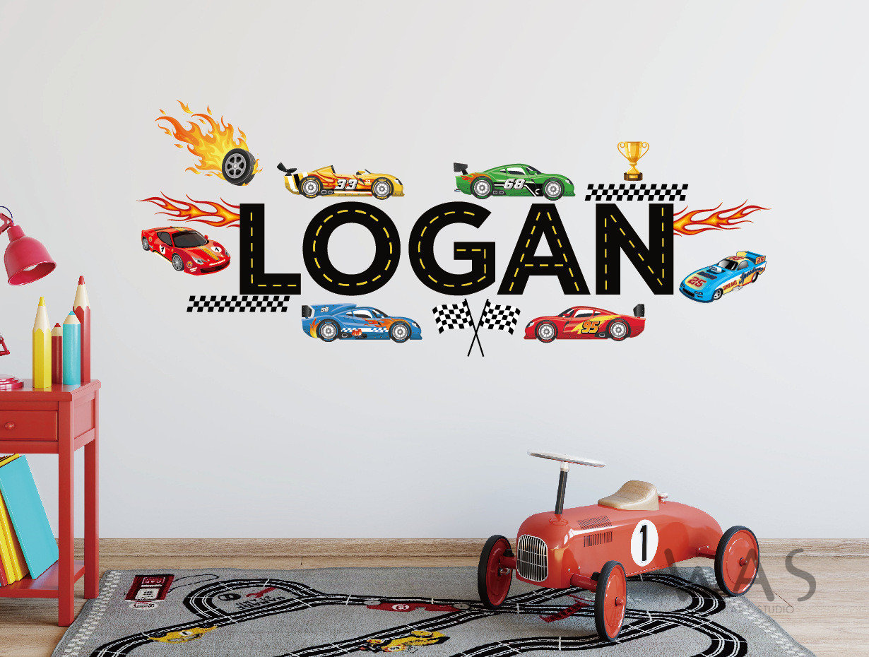 Race Cars Wall Decal for Boys Room - Custom Name Car Bedroom Decor ...