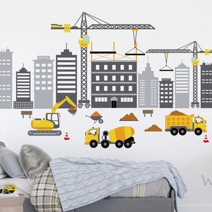 City Skyline Wandaufkleber Baumast Bagger Betonmischer Abnehmbares Abziehbild für Kinderzimmer Schlafzimmer Spielzimmer Art Decor