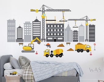 City Skyline Wall Stickers with Construction Truck Decals Excavator Cement Mixers Removable for Kid Boys Nursery Bedroom Playroom Art Decor